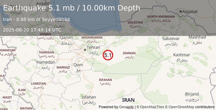 Earthquake 36 km SW of Semnan, Iran (5.1 mb) (2025-06-20 17:49:14 UTC)