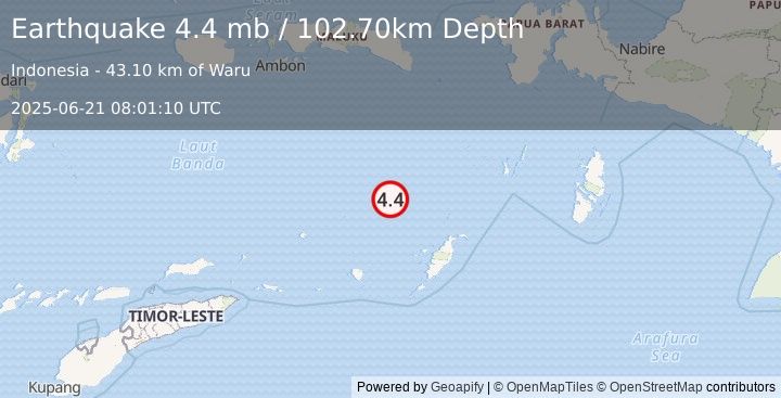 Earthquake 273 km WSW of Tual, Indonesia (4.4 mb) (2025-06-21 08:01:10 UTC)