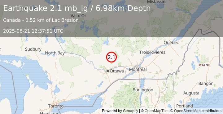 Earthquake 29 km WNW of Notre-Dame-du-Mont-Carmel, Canada (2.1 mb_lg) (2025-06-21 12:37:51 UTC)