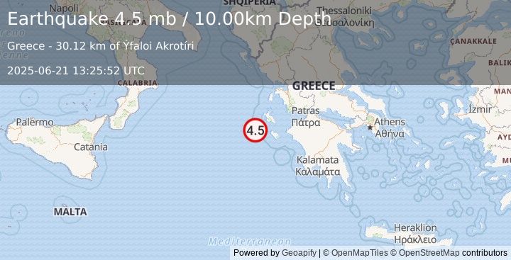 Earthquake 38 km SW of Lixoúri, Greece (4.5 mb) (2025-06-21 13:25:52 UTC)