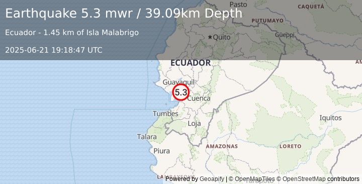 Earthquake 18 km WNW of Naranjal, Ecuador (5.3 mwr) (2025-06-21 19:18:47 UTC)