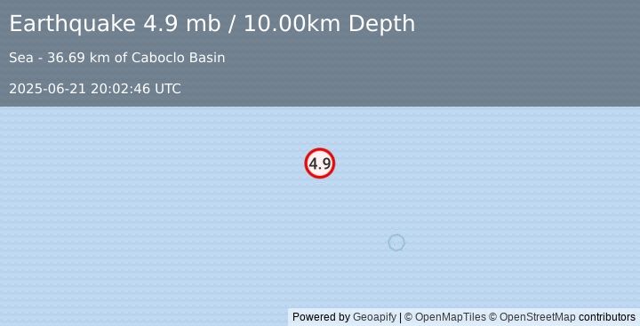 Earthquake central Mid-Atlantic Ridge (4.9 mb) (2025-06-21 20:02:46 UTC)