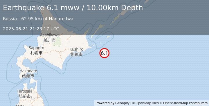 Earthquake 88 km ESE of Nemuro, Japan (6.1 mww) (2025-06-21 21:23:17 UTC)