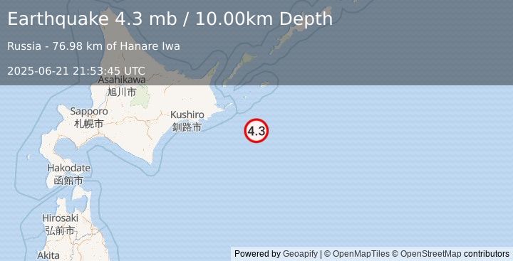 Earthquake 99 km SE of Nemuro, Japan (4.3 mb) (2025-06-21 21:53:45 UTC)