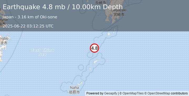 Earthquake 98 km NNW of Tatsugō, Japan (4.8 mb) (2025-06-22 03:12:25 UTC)