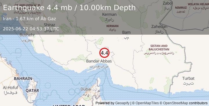 Earthquake 87 km NNE of Bandar Abbas, Iran (4.4 mb) (2025-06-22 04:53:37 UTC)