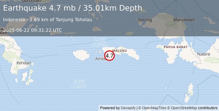 Earthquake 28 km WSW of Amahai, Indonesia (4.7 mb) (2025-06-22 09:31:22 UTC)