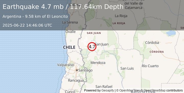 Earthquake 42 km S of Calingasta, Argentina (4.7 mb) (2025-06-22 14:46:06 UTC)