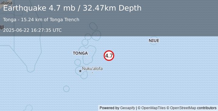 Earthquake 131 km ESE of Fangale’ounga, Tonga (4.7 mb) (2025-06-22 16:27:35 UTC)