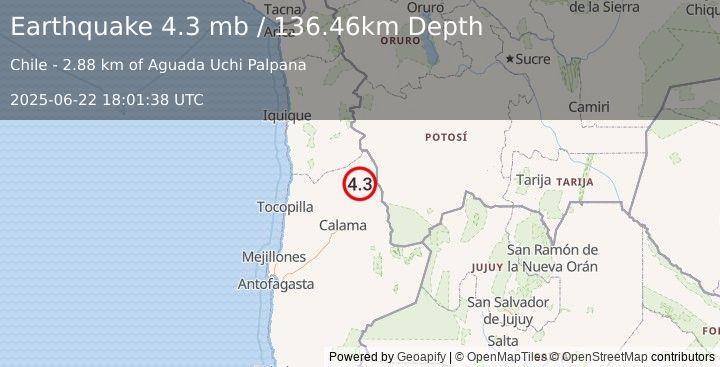 Earthquake 53 km SW of Ollagüe, Chile (4.3 mb) (2025-06-22 18:01:38 UTC)
