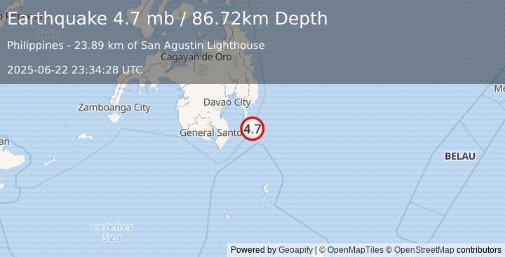 Earthquake 28 km ESE of Pondaguitan, Philippines (4.7 mb) (2025-06-22 23:34:28 UTC)