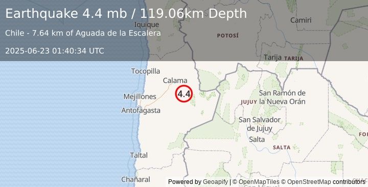 Earthquake 36 km WSW of San Pedro de Atacama, Chile (4.4 mb) (2025-06-23 01:40:34 UTC)
