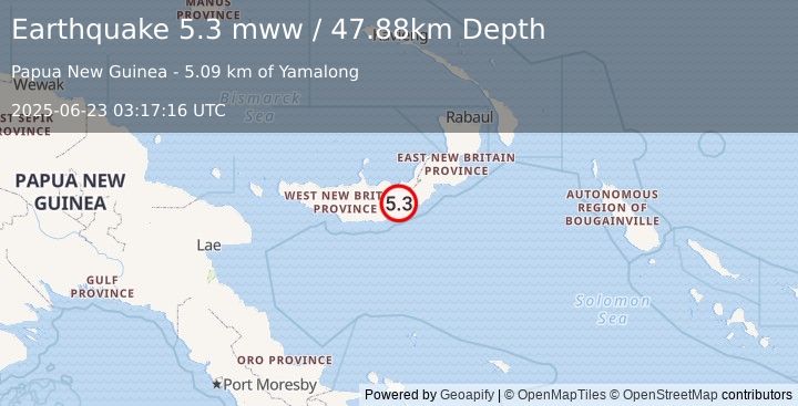 Earthquake 80 km ESE of Kimbe, Papua New Guinea (5.3 mww) (2025-06-23 03:17:16 UTC)