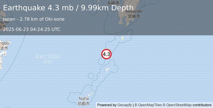Earthquake 97 km NNW of Tatsugō, Japan (4.3 mb) (2025-06-23 04:24:25 UTC)