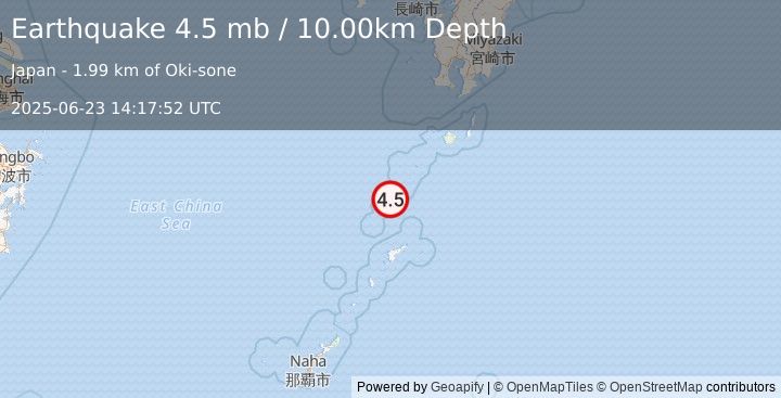 Earthquake 94 km NNW of Tatsugō, Japan (4.5 mb) (2025-06-23 14:17:52 UTC)