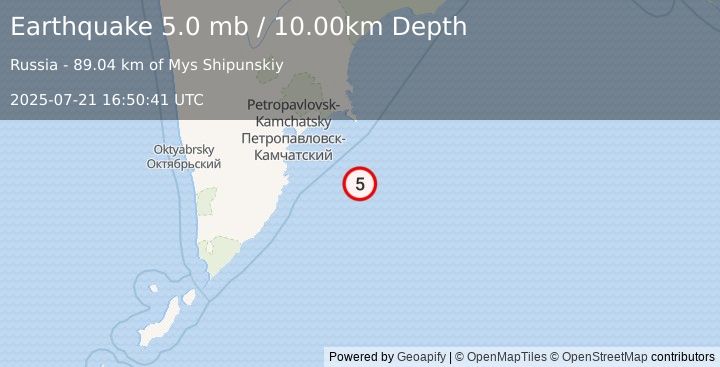 Earthquake 131 km SE of Petropavlovsk-Kamchatsky, Russia (5.0 mb) (2025-07-21 16:50:41 UTC)
