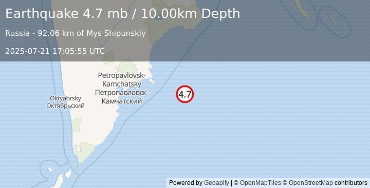 Earthquake 184 km E of Petropavlovsk-Kamchatsky, Russia (4.7 mb) (2025-07-21 17:05:55 UTC)