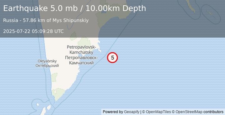 Earthquake 149 km E of Petropavlovsk-Kamchatsky, Russia (5.0 mb) (2025-07-22 05:09:28 UTC)
