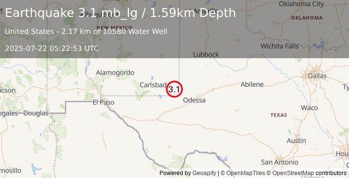 Earthquake 18 km NNW of Jal, New Mexico (3.1 mb_lg) (2025-07-22 05:22:53 UTC)