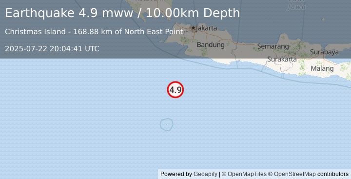 Earthquake 222 km SSW of Pelabuhanratu, Indonesia (4.9 mww) (2025-07-22 20:04:41 UTC)