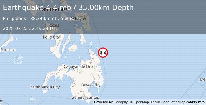 Earthquake 46 km NE of Cortes, Philippines (4.4 mb) (2025-07-22 22:49:24 UTC)