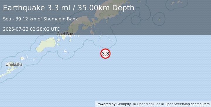 Earthquake 122 km SSE of Sand Point, Alaska (3.3 ml) (2025-07-23 02:28:02 UTC)