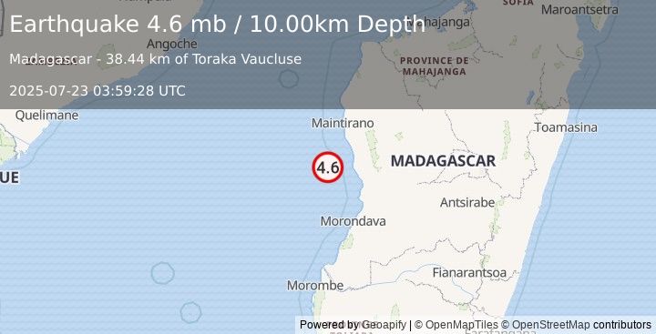Earthquake 114 km NW of Belo sur Tsiribihina, Madagascar (4.6 mb) (2025-07-23 03:59:28 UTC)