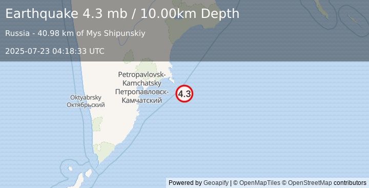 Earthquake 126 km ESE of Petropavlovsk-Kamchatsky, Russia (4.3 mb) (2025-07-23 04:18:33 UTC)