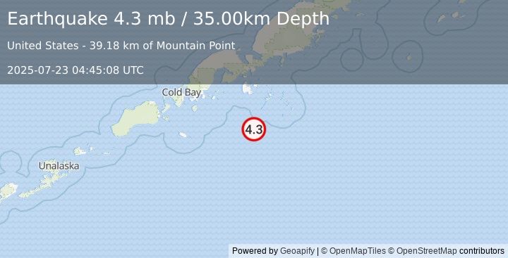 Earthquake 88 km S of Sand Point, Alaska (4.3 mb) (2025-07-23 04:45:08 UTC)