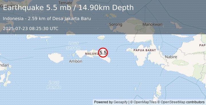 Earthquake 148 km ENE of Masohi, Indonesia (5.5 mb) (2025-07-23 08:25:30 UTC)