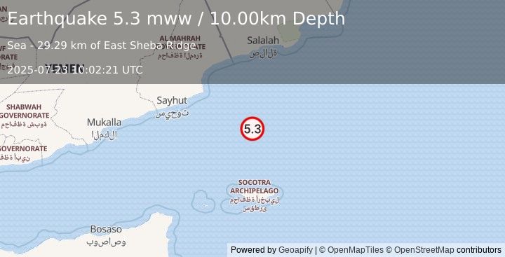 Earthquake 205 km N of Qalansīyah, Yemen (5.3 mww) (2025-07-23 10:02:21 UTC)