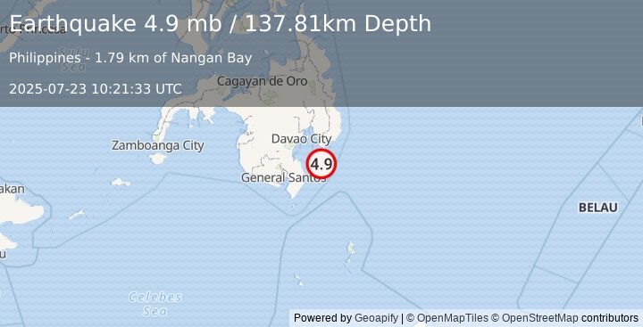 Earthquake 3 km S of Tiblawan, Philippines (4.9 mb) (2025-07-23 10:21:33 UTC)
