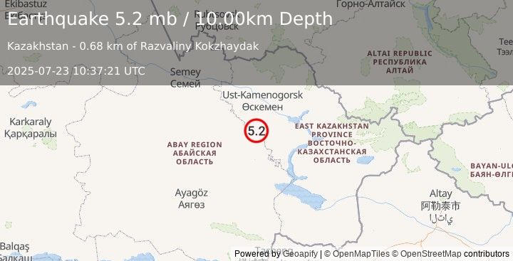 Earthquake 45 km WSW of Asubulak, Kazakhstan (5.2 mb) (2025-07-23 10:37:21 UTC)