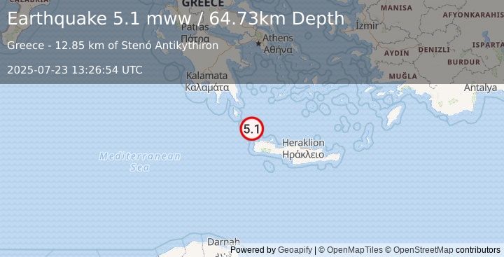 Earthquake 40 km NNW of Kíssamos, Greece (5.1 mww) (2025-07-23 13:26:54 UTC)