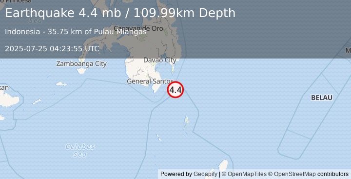 Earthquake 70 km SSE of Pondaguitan, Philippines (4.4 mb) (2025-07-25 04:23:55 UTC)