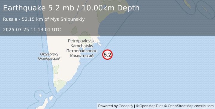 Earthquake 133 km ESE of Petropavlovsk-Kamchatsky, Russia (5.2 mb) (2025-07-25 11:13:01 UTC)