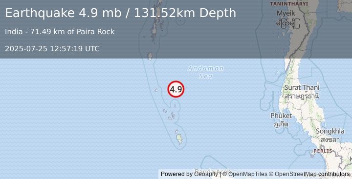 Earthquake 288 km SSE of Port Blair, India (4.9 mb) (2025-07-25 12:57:19 UTC)