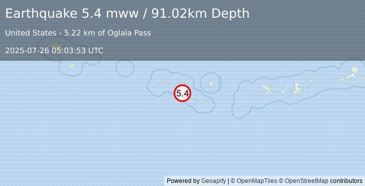 Earthquake Rat Islands, Aleutian Islands, Alaska (5.4 mww) (2025-07-26 05:03:53 UTC)