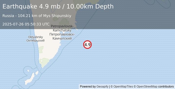 Earthquake 176 km ESE of Petropavlovsk-Kamchatsky, Russia (4.9 mb) (2025-07-26 05:50:33 UTC)