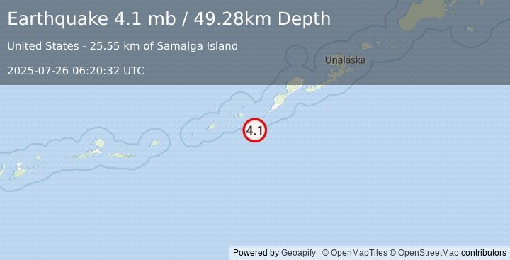 Earthquake 52 km SW of Nikolski, Alaska (4.1 mb) (2025-07-26 06:20:32 UTC)