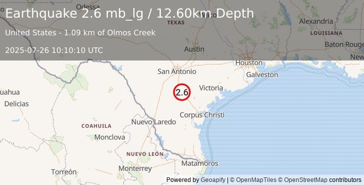 Earthquake 19 km NNW of Three Rivers, Texas (2.6 mb_lg) (2025-07-26 10:10:10 UTC)