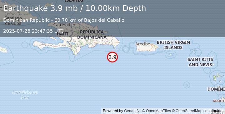 Earthquake 91 km SSW of Boca de Yuma, Dominican Republic (3.9 mb) (2025-07-26 23:47:35 UTC)