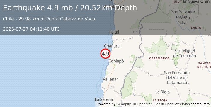 Earthquake 96 km NW of Copiapó, Chile (4.9 mb) (2025-07-27 04:11:40 UTC)