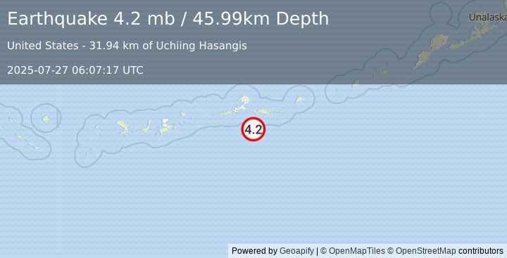 Earthquake 53 km SSE of Atka, Alaska (4.2 mb) (2025-07-27 06:07:17 UTC)