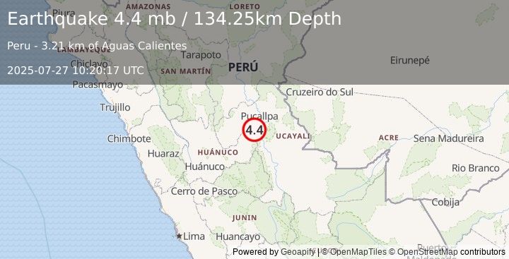 Earthquake 3 km SSE of Honoria, Peru (4.4 mb) (2025-07-27 10:20:17 UTC)