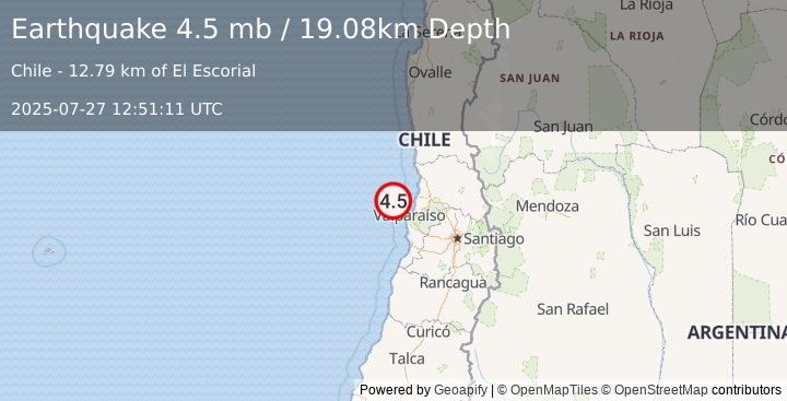 Earthquake 38 km NW of Valparaíso, Chile (4.5 mb) (2025-07-27 12:51:11 UTC)
