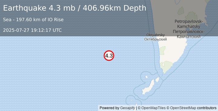 Earthquake 254 km W of Ozernovskiy, Russia (4.3 mb) (2025-07-27 19:12:17 UTC)
