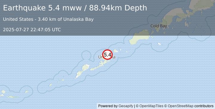 Earthquake 10 km NNE of Dutch Harbor, Alaska (5.4 mww) (2025-07-27 22:47:05 UTC)