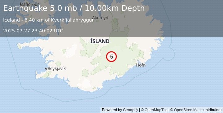Earthquake 104 km WNW of Höfn, Iceland (5.0 mb) (2025-07-27 23:40:02 UTC)