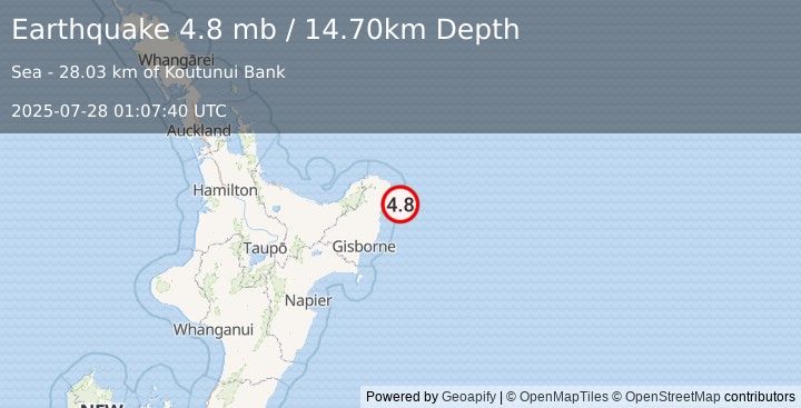 Earthquake 60 km SE of Hicks Bay, New Zealand (4.8 mb) (2025-07-28 01:07:40 UTC)